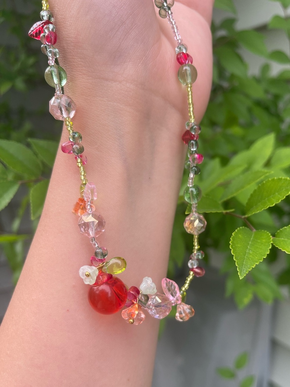 NEW! Handmade Multicolor Glass Bead Necklace with Red Cherry Accent. 🍒 (A2-68)